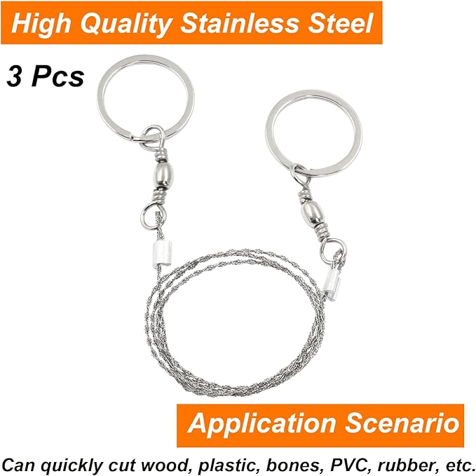 3 Pcs Hand Pocket Chainsaw Stainless Steel Emergency Saw Kit Mini Survival Wire Saw with Round Handle for Cutting Hunting Hiking Backpacking Gear(Silver)