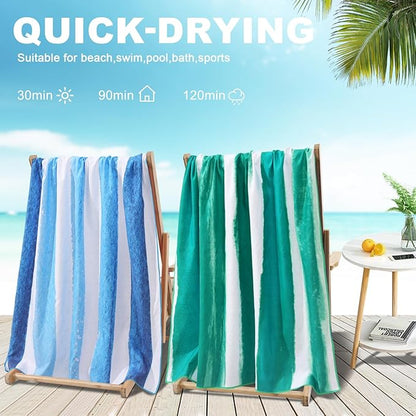 2 Pack Microfiber Oversized Beach Towel Lightweight Thin Sandproof Compact Quick Dry Clearance Towels Extra Large Sand Free Pool Travel Beach Essentials Accessories Women Adult Gift Bule Green Stripe