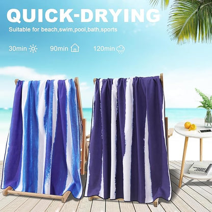 2 Pack Microfiber Oversized Beach Towel Lightweight Thin Sandproof Compact Quick Dry Clearance Towels Extra Large Sand Free Travel Beach Essentials Accessories Women Men Adult Gift Dark Blue Stripe