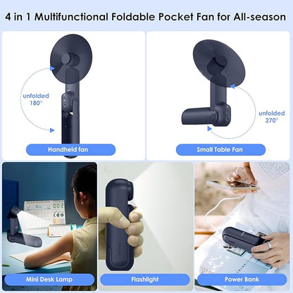 4 IN 1 Portable Handheld Fan,Personal Foldable Cooling Fan, Mini Pocket Fan,Desk Fan,Hand Fan,Flashlight,Power Bank,Table Lamp,Camping Travel Beach Fan, Birthday Gifts for Women Men(Blue)