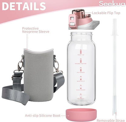 20 oz Sports Glass Water Bottle with Straw & Time Marker, Motivational Kids Daily Glass Drinking Bottle with Strap for Children, School