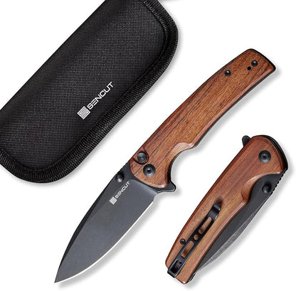 SENCUT Sachse Pocket Knife Folding Knife for EDC, Wood Handle 9Cr18MoV Blade Foldable Small Knife with Clip, Button Lock Everyday Carry Knife for Men Women Indoor Outdoor Gift S21007-6