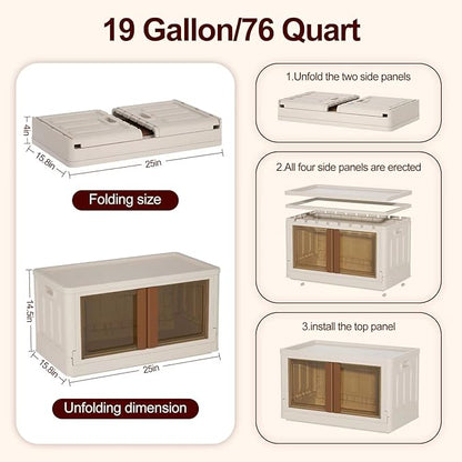 19Gal Collapsible Storage Bins with Lids & Wheels - 2 Pack Stackable with Doors, Heavy-Duty Plastic Cabinet for Home/Office, Milk White