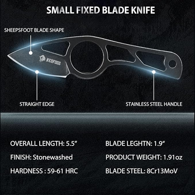 NedFoss Neck Knife with Sheath and Necklace, Spear Finger Hole Fixed Blade EDC Knife,1.9" Small Knife Necklace With Adjustable Belt Clip for Men Women, EDC Utility Knife Mini Box Cutter