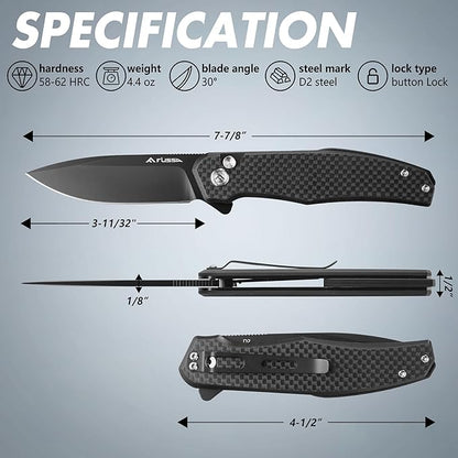 FLISSA Folding Pocket Knife, 4.5" Carbon Fiber Handle EDC Knife with D2 Steel Blade, Button Lock and Pocket Clip, Tactical Knives for Men Women, Uesd for Outdoor, Survival, Hunting and Camping