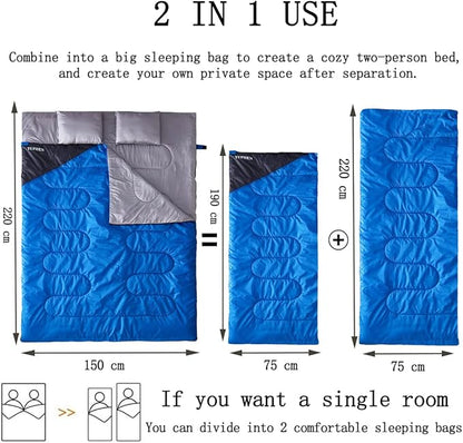 Tuphen Double Sleeping Bag, Sleeping Bag with 2 Pillows, Queen Size XL Bag for 2 People, Cold Warm Weather- 3 Seasons, Waterproof Adults for Camping, Backpacking or Hiking