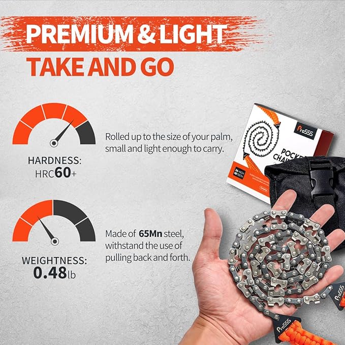 36 Inch Pocket Chainsaw, 48 Teeth Camping Chain Saws, 65Mn Steel, Prepper Backpacking For Outdoor