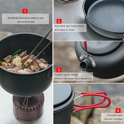 Alocs Camping Cookware Set,Durable Aluminum Camping Cooking Set, Compact Camping Pots and Pans Set with Kettle, Non-Stick Camping Pan Camping Essentials for Outdoor Cooking, Hiking, and Picnics.