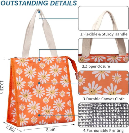 iknoe Insulated Lunch Bag for Women, 9L Durable Wide-Open Foldable & Portable Lunch Tote with Interior Pockets, Water-Resistant Thermal Lunch Cooler for Adults Picnic Beach (Daisy)