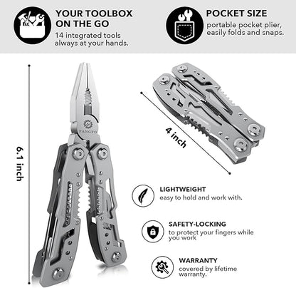 14-In-1 Multitool Pliers，Premium Portable Multi Tool ，with Safety Locking Professional Stainless Steel Multitool Pliers Pocket Knife,Apply to Survival, Camping, Gifts for Dad Husband Boyfriend