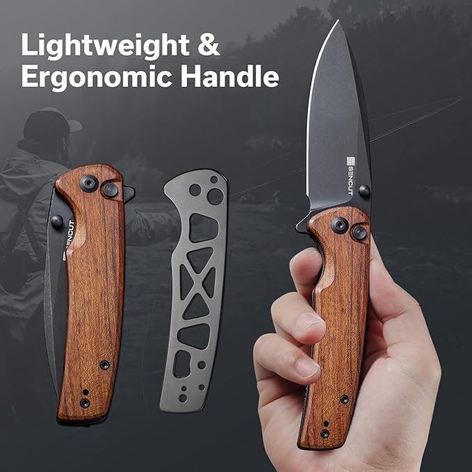 SENCUT Sachse Pocket Knife Folding Knife for EDC, Wood Handle 9Cr18MoV Blade Foldable Small Knife with Clip, Button Lock Everyday Carry Knife for Men Women Indoor Outdoor Gift S21007-6