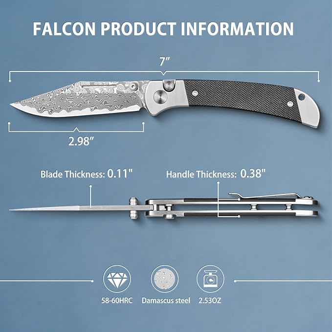 LOTHAR Falcon Damascus Pocket Knife, 2.98" VG10 Damascus Steel Blade EDC Knife, G10 Handle, Pocket Folding Knife with Clip, Button Lock Knife, Gifts Pocket Knife for Men Women