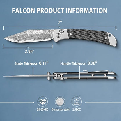 LOTHAR Falcon Damascus Pocket Knife, 2.98" VG10 Damascus Steel Blade EDC Knife, G10 Handle, Pocket Folding Knife with Clip, Button Lock Knife, Gifts Pocket Knife for Men Women