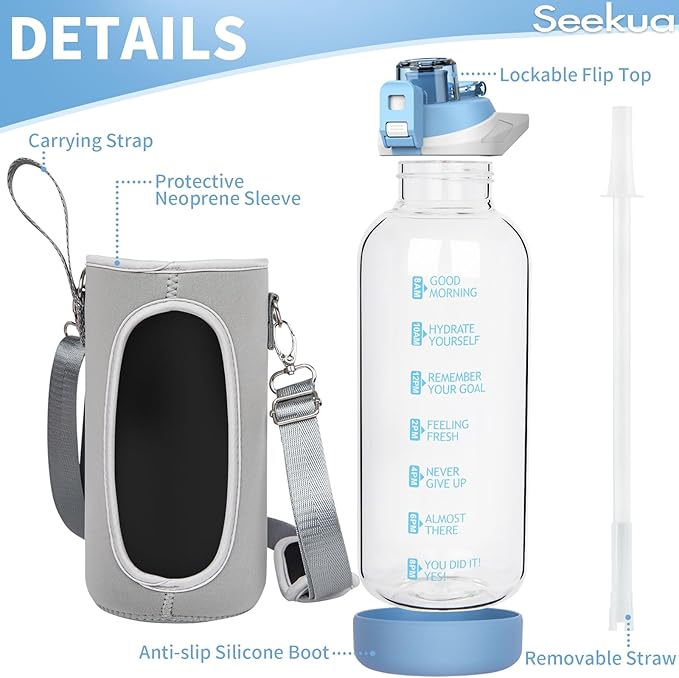 64 oz Large Sports Glass Water Bottle with Straw & Time Marker, Motivational Half Gallon Daily Glass Drinking Bottle with Strap for Fruit Infused Water, Smoothie, Coffee