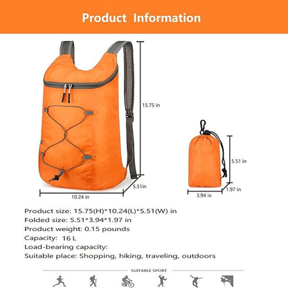 16L Hiking-Daypack Lightweight-Foldable Travel-Backpack Water-Resistant Camping Outdoor Packable Easy Carry-on Bag (Orange)
