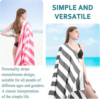 4 Packs Oversized Stripe Beach Towel Thin Terry with Towel Bands Set XL Extra Large Big Clearance Pool Travel Accessories Essentials Soft Absorbent Swim Bath Towels Bulk Men Women Adults Gift Grey