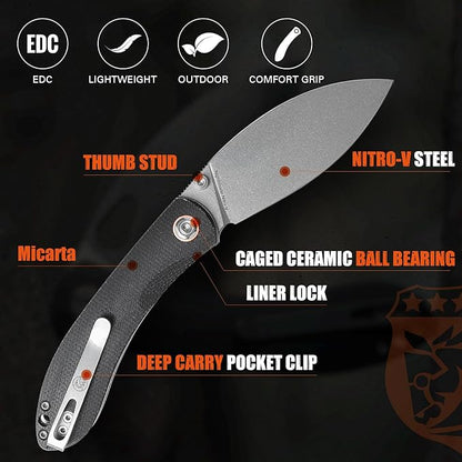 Vosteed EDC Knife, 3.26" Lightweight Folding Pocket Knife with Clip for Men and Women, Modern Shilin Cutter with Nitro-V Steel Blade, Micarta Handle for Camping, Hiking-Nightshade Series