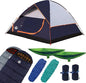9-Piece Camping Tent Kit - 1 Dome Tent (2 or 3 Person), 2 Sleeping Bags, 2 Air Mattresses, 2 Single Camping Hammocks, 2 Blankets