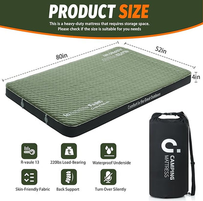 CYMULA Self Inflating Double Sleeping Pad, 4in Ultra-Thick Foam Camping Mattress 2 Person with Air Pump Sack Floor Bed for Adults Inflatable Sleeping Mat Camping Essentials for Travel, Army Green