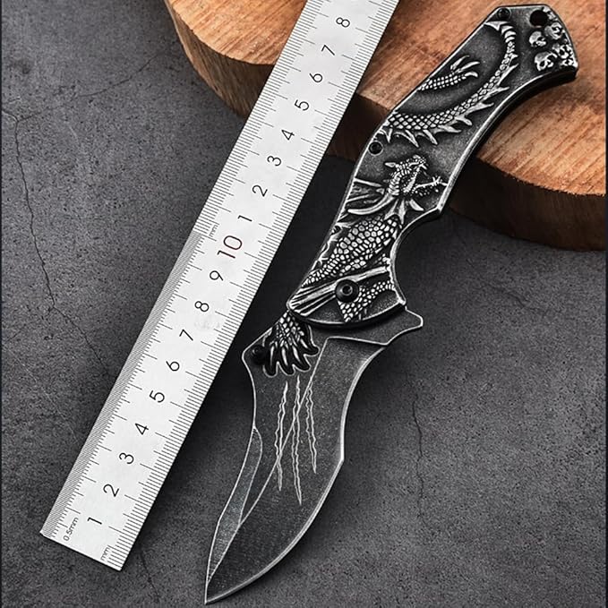 3D embossed folding knife, outdoor knife for camping, barbecue, fishing, cutting (Flying Dragon)