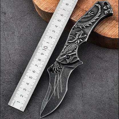 3D embossed folding knife, outdoor knife for camping, barbecue, fishing, cutting (Flying Dragon)