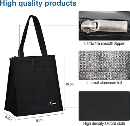 iknoe Lunch Bag Insulated Lunch Bags for Women Men Reusable Lunch Tote Portable Adult Thermal Large Lunch Cooler for Work Picnic Beach-Plain Black