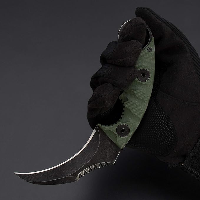1911K Tactical Knife Fixed Blade Teeth Knife D2 curved Blade & G10 Handle for Outdoor Survival, Camping, Bushcraft and Hunting, with Sheath (Stonewashed OD Green, 180)