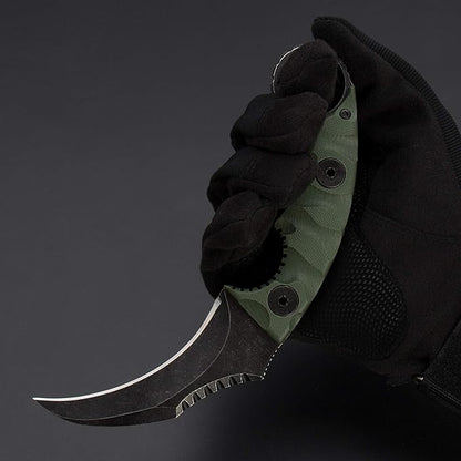 1911K Tactical Knife Fixed Blade Teeth Knife D2 curved Blade & G10 Handle for Outdoor Survival, Camping, Bushcraft and Hunting, with Sheath (Stonewashed OD Green, 180)