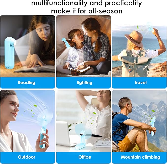 4 IN 1 Portable Handheld Fan,Personal Foldable Cooling Fan, Mini Pocket Fan,Desk Fan,Hand Fan,Flashlight,Power Bank,Table Lamp,Camping Travel Beach Fan, Birthday Gifts for Women Men(Light Blue)