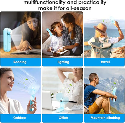 4 IN 1 Portable Handheld Fan,Personal Foldable Cooling Fan, Mini Pocket Fan,Desk Fan,Hand Fan,Flashlight,Power Bank,Table Lamp,Camping Travel Beach Fan, Birthday Gifts for Women Men(Light Blue)