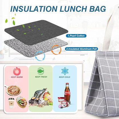 iknoe Insulated Lunch Bag for Women, 9L Sturdy Wide-Open Foldable & Portable Lunch Tote with Interior Pockets, Water-resistant Thermal Lunch Cooler for Adults Picnic Beach (Grey Plaid)
