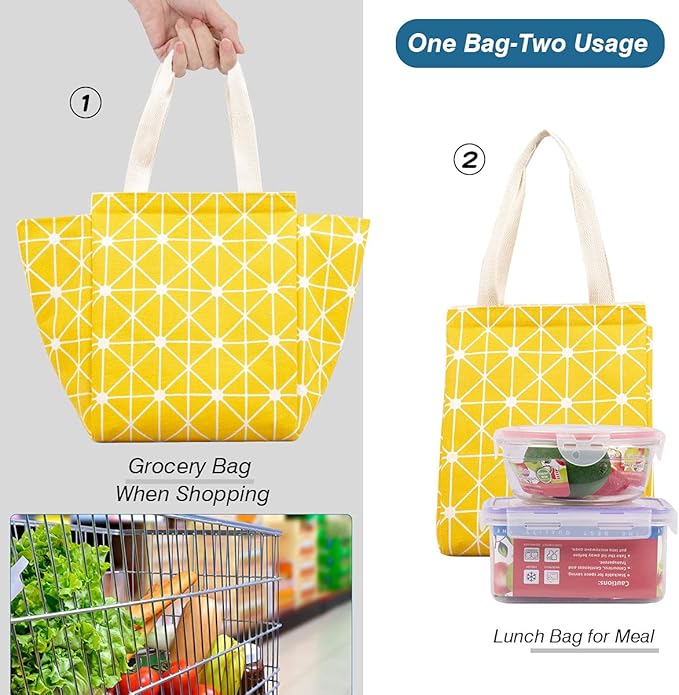 iknoe Insulated Lunch Bag for Women, 9L Sturdy Wide-Open Foldable & Portable Lunch Tote with Interior Pockets, Water-resistant Thermal Lunch Cooler for Adults Picnic Beach (Yellow)