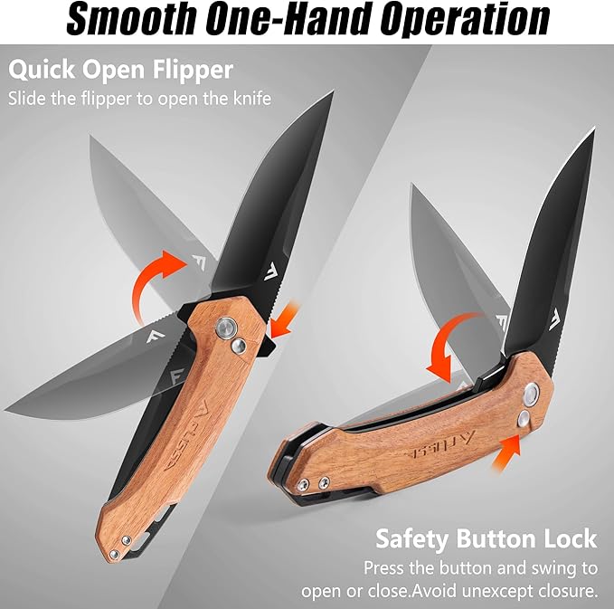 FLISSA Pocket Folding Knife, 3.2” D2 Blade Wood Handle EDC Knife with Button Lock and Pocket Clip for Hunting, Camping, Survival, Outdoor Activities