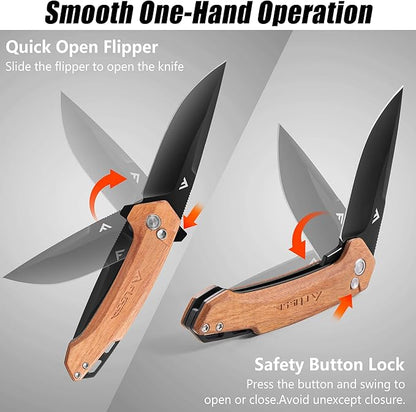 FLISSA Pocket Folding Knife, 3.2” D2 Blade Wood Handle EDC Knife with Button Lock and Pocket Clip for Hunting, Camping, Survival, Outdoor Activities