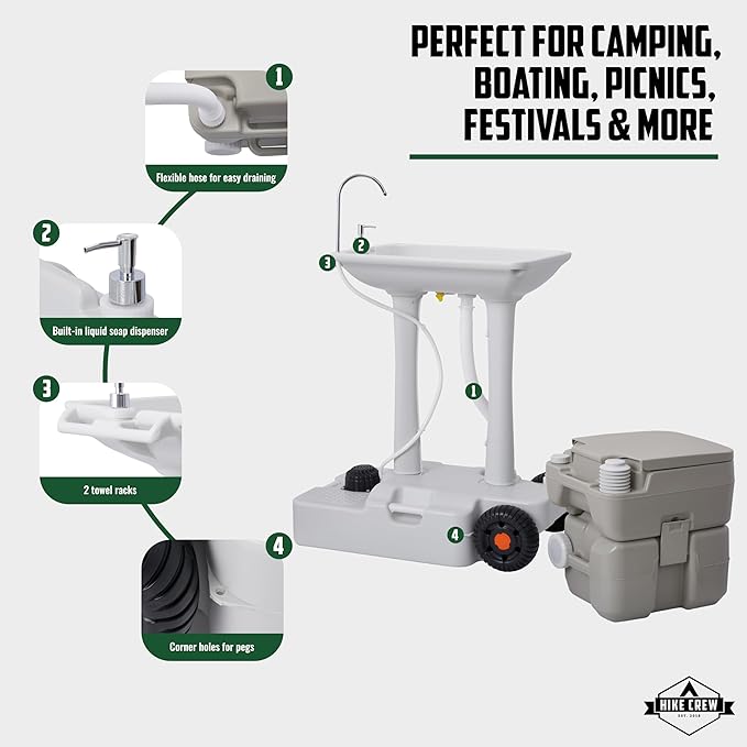 Hike Crew XL Portable Camping Sink & Toilet | Extra Large Washing Station with 8 Gal Capacity, Hands-Free Foot Pump, Faucet, Soap Dispenser & Towel Rack | Includes Travel Toilet with 5 Gal Waste Tank