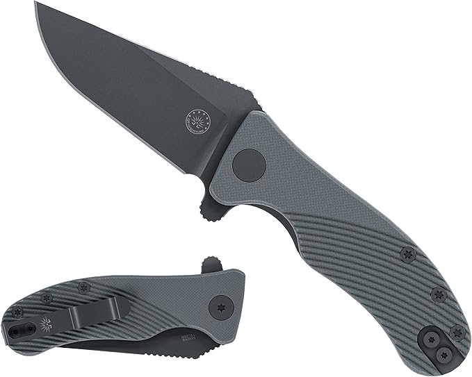 Off-Grid Knives - Baby Rhino - Legal Carry Heavy Duty Compact Folding Knife w. Sandvik 14C28N Blade Steel, Sky Gray G10 Scales, Deep Carry Left and Right Hand, Built Like A Tank