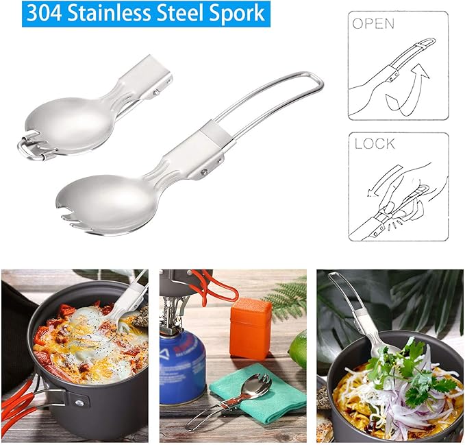 Odoland 6pcs Camping Cookware Mess Kit with Lightweight Pot, Stove, Spork and Carry Mesh Bag, Great for Backpacking Outdoor Camping Hiking and Picnic