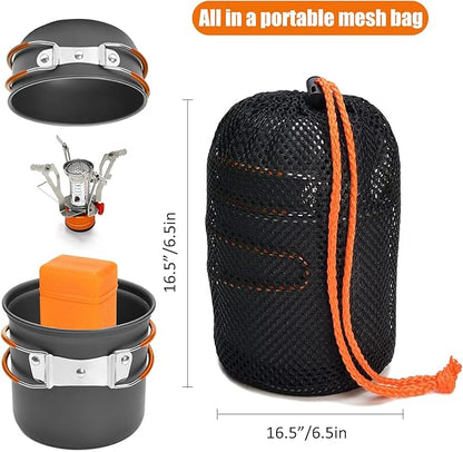 Camping Cookware Set Portable Backpacking Stove Kit, Mini Camp Stove with Non-Stick Lightweight Pots Pans and Stainless Steel Fork Knife Spoon for Outdoor Camping Hiking Cooking Gear