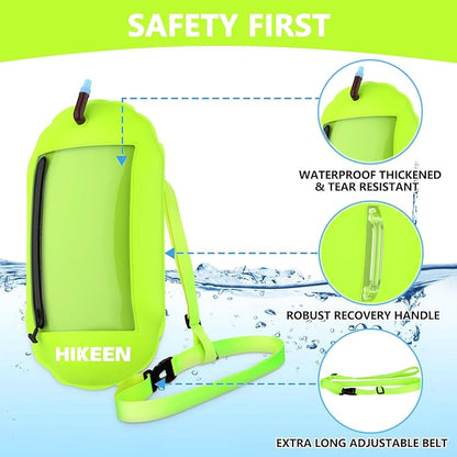 Hikeen Swim Buoy -Waterproof Touchscreen Storage Space, Swim Safety Float w/Adjustable Waist Belt for Open Water Swimmers and Triathletes -Be Bright,Be Safer & Be Seen Green