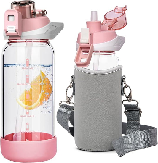 20 oz Sports Glass Water Bottle with Straw & Time Marker, Motivational Kids Daily Glass Drinking Bottle with Strap for Children, School