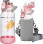 20 oz Sports Glass Water Bottle with Straw & Time Marker, Motivational Kids Daily Glass Drinking Bottle with Strap for Children, School