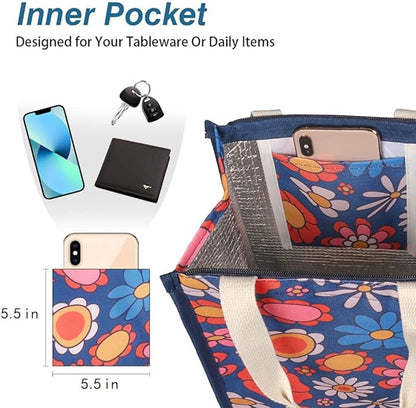 iknoe Lunch Bag Insulated Lunch Bags for Women & Men, 9L Reusable Lunch Tote Portable Adult Thermal Large Lunch Cooler for Work Picnic Beach (Blue Flowers)