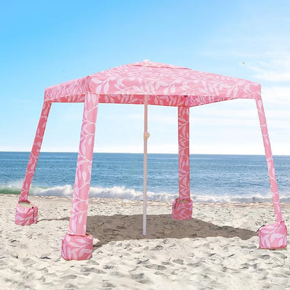 AMMSUN Beach Cabana, 6.2'×6.2' Beach Canopy, Easy Set up and Take Down, Cabana Tent with Sand Pockets, Instant Sun Shade with Side Wall, Pink Leaf