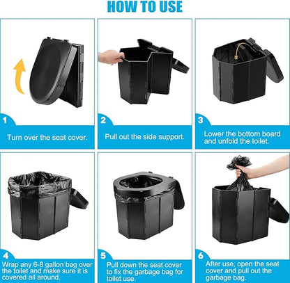Portable Camping Toilet, Folding Toilet for Adults with Lid and Retractable Toilet Paper Holder, Waterproof Porta Potty with Carry Bag and Disposible Liners for Camping, Hiking, RV Travel, Road Trips