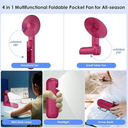 4 IN 1 Portable Handheld Fan,Personal Foldable Cooling Fan, Mini Pocket Fan,Desk Fan,Hand Fan,Flashlight,Power Bank,Table Lamp,Camping Travel Beach Fan, Birthday Gifts for Women Men(Red)