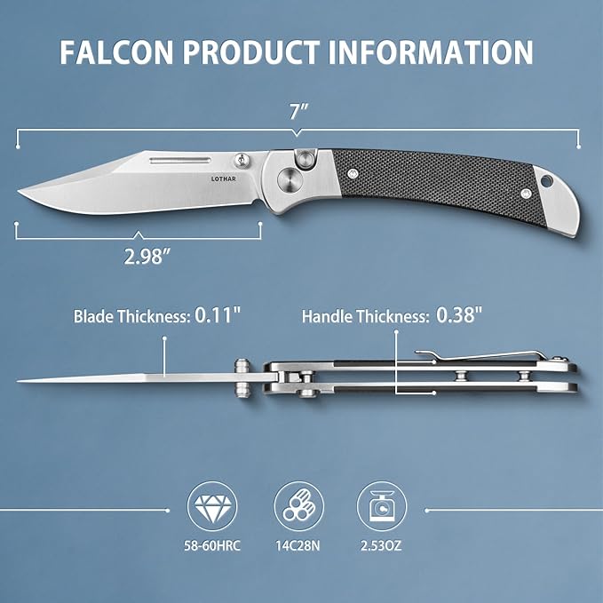 LOTHAR Falcon Pocket Knife, 2.98" 14C28N Steel Blade EDC Knife, G10 Handle, Pocket Folding Knife with Clip, Button Lock Knife, Gifts Pocket Knife for Men Women