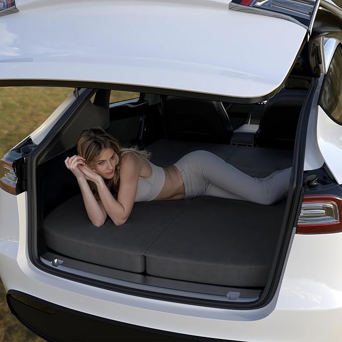 Ferlizer 4" Memory Foam Camping Mattress for Tesla Model 3, 74" x 43", Foldable Car Sleeping Pad with Plush Washable Cover, CertiPUR-US Certified, Dark Grey