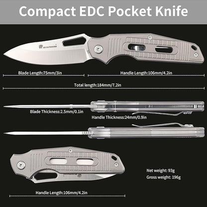 HX OUTDOORS Folding Pocket Knife, Premium D2 Steel Foldable EDC Camping Knife with Titanium Alloy Handle, Portable Clip EDC Tools for Camping Hiking Survival Outdoor, Men Women Gift