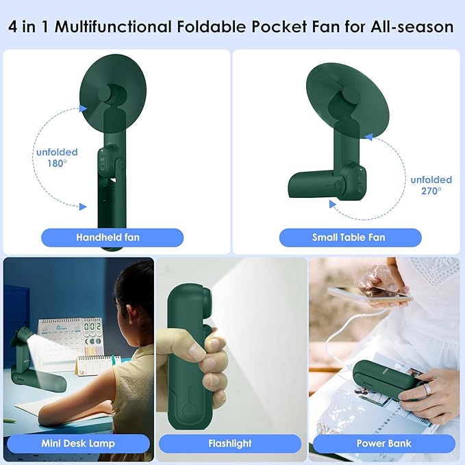 4 IN 1 Portable Handheld Fan,Personal Foldable Cooling Fan, Mini Pocket Fan,Desk Fan,Hand Fan,Flashlight,Power Bank,Table Lamp,Camping Travel Beach Fan, Birthday Gifts for Women Men(Dark Green)