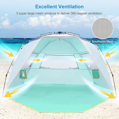 WolfWise 6-7 Person Easy Up Beach Tent UPF 50+ Portable Instant Sun Shelter Canopy Umbrella with Extended Zippered Porch, Mint Green